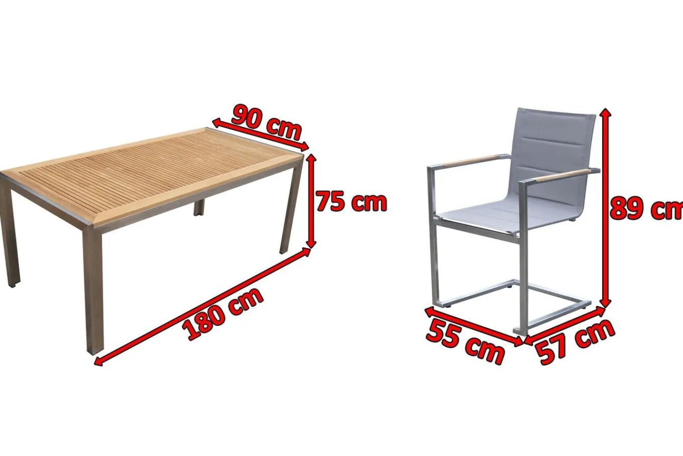 Discount Garten-Essgruppe, silber, Edelstahl/Teak, Tisch 180x90cm, 6 Sessel gepolstert Garten-Essgruppen|Edelstahl-Gartenmöbel