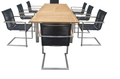 Outlet Garten-Essgruppe, silber/schwarz, Edelstahl/Teak, Ausziehtisch 200-300 x 100 cm, 8 Freischwinger, FSC®-zertifiziertes Produkt Garten-Essgruppen