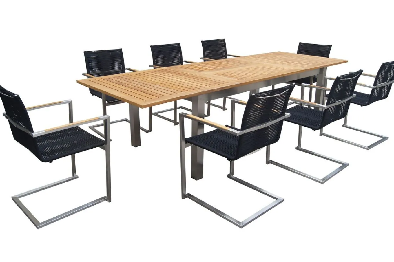 Outlet Garten-Essgruppe, silber/schwarz, Edelstahl/Teak, Ausziehtisch 200-300 x 100 cm, 8 Freischwinger, FSC®-zertifiziertes Produkt Garten-Essgruppen