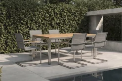 Outlet Garten-Essgruppe, silber, Edelstahl/Teak, Esstisch 200 x 90 cm, 6 Stapelstühle gepolstert Garten-Essgruppen|Edelstahl-Gartenmöbel