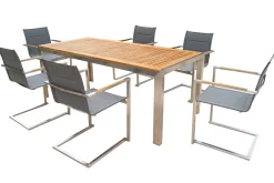 Outlet Garten-Essgruppe, silber, Edelstahl/Teak, Esstisch 200 x 90 cm, 6 Stapelstühle gepolstert Garten-Essgruppen|Edelstahl-Gartenmöbel