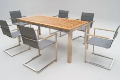 Outlet Garten-Essgruppe, silber, Edelstahl/Teak, Esstisch 200 x 90 cm, 6 Stapelstühle gepolstert Garten-Essgruppen|Edelstahl-Gartenmöbel