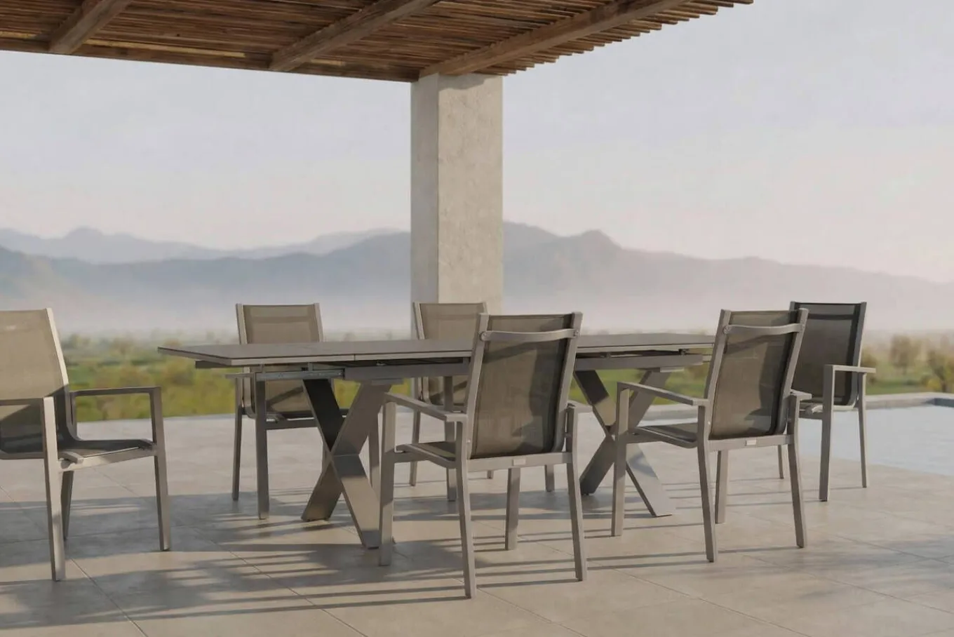 Clearance Garten-Essgruppe, silber, Alu / Spraystone / Textil, Tisch 180/280x100cm, 6 Stapelsessel Garten-Essgruppen|Aluminium-Gartenmöbel