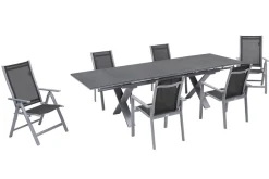 Best Garten-Essgruppe, silber, Alu / Keramik / Textil, Tisch 180/280 x 100 cm, 4 Stapelsessel, 2 Klappstühle Garten-Essgruppen|Aluminium-Gartenmöbel
