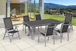 Best Garten-Essgruppe, silber, Alu / Keramik / Textil, Tisch 180/280 x 100 cm, 4 Stapelsessel, 2 Klappstühle Garten-Essgruppen|Aluminium-Gartenmöbel