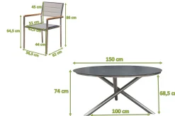 Outlet Garten-Essgruppe, silber/grau, Edelstahl/Glaskeramik/Textilene/Teak, Tisch Ø150cm, 5 Stühle, padded Garten-Essgruppen
