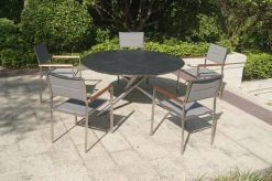 Outlet Garten-Essgruppe, silber/grau, Edelstahl/Glaskeramik/Textilene/Teak, Tisch Ø150cm, 5 Stühle, padded Garten-Essgruppen