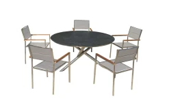 Outlet Garten-Essgruppe, silber/grau, Edelstahl/Glaskeramik/Textilene/Teak, Tisch Ø150cm, 5 Stühle, padded Garten-Essgruppen