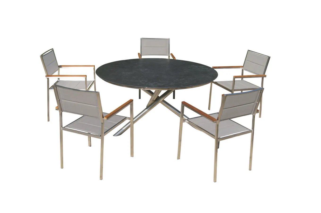 Outlet Garten-Essgruppe, silber/grau, Edelstahl/Glaskeramik/Textilene/Teak, Tisch Ø150cm, 5 Stühle, padded Garten-Essgruppen