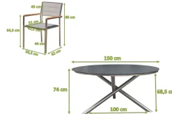 Outlet Garten-Essgruppe, silber/grau, Edelstahl/Glaskeramik/Textilene/Teak, Tisch Ø150cm, 5 Stühle, padded Garten-Essgruppen