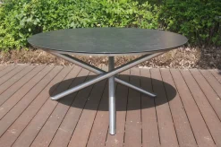 Outlet Garten-Essgruppe, silber/grau, Edelstahl/Glaskeramik/Textilene/Teak, Tisch Ø150cm, 5 Stühle, padded Garten-Essgruppen