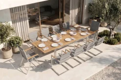 Hot Garten-Essgruppe, silber, 200/300 x 100 cm, Edelstahl/Teak, Ausziehtisch, 8 Stühle padded, 2 Klappstühle, FSC®-zertifiziertes Produkt Garten-Essgruppen