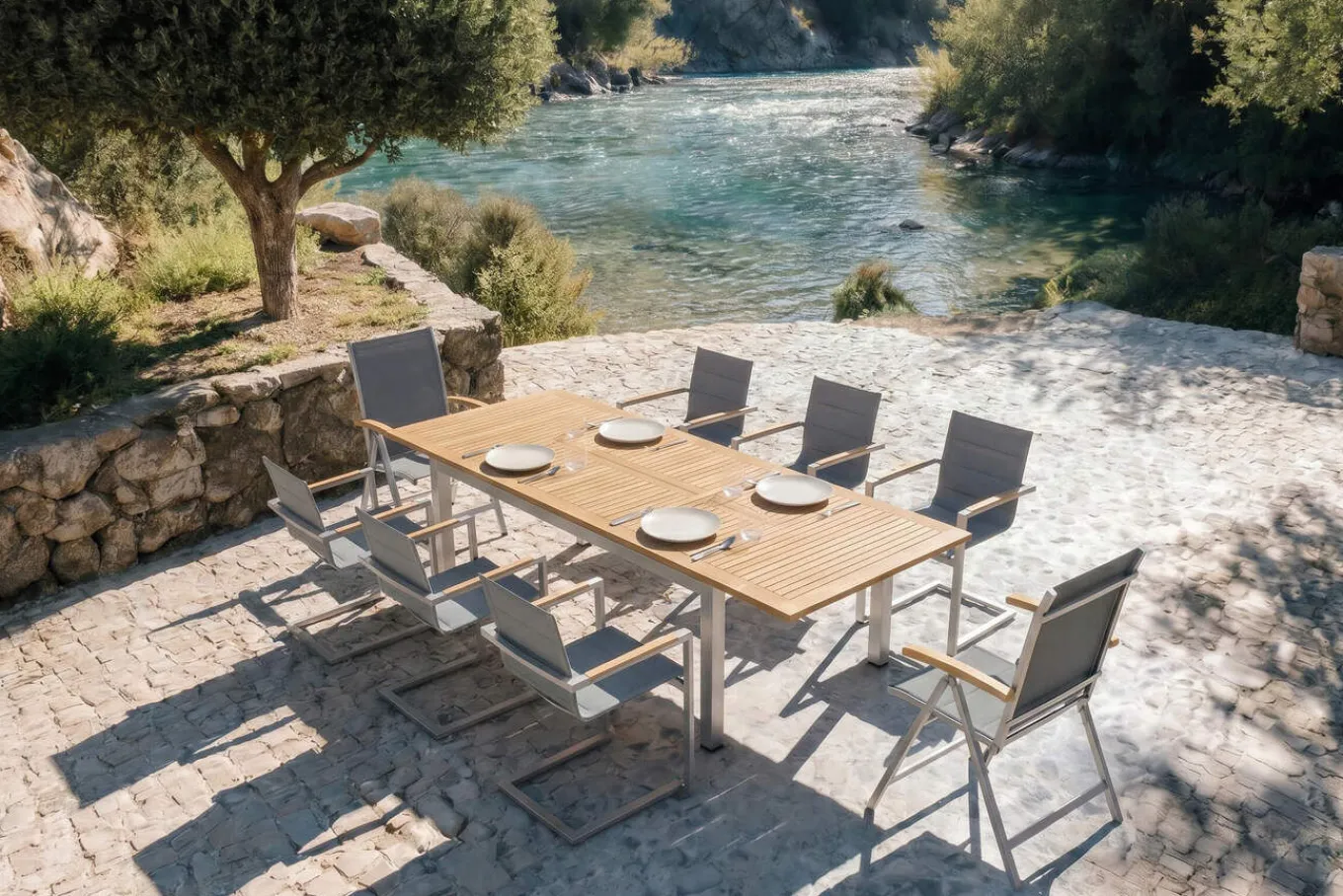 Outlet Garten-Essgruppe, silber, 200/300 x 100 cm, Edelstahl/Teak, Ausziehtisch, 6 Stühle padded, 2 Klappstühle, FSC®-zertifiziertes Produkt Garten-Essgruppen|Edelstahl-Gartenmöbel