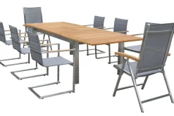 Outlet Garten-Essgruppe, silber, 200/300 x 100 cm, Edelstahl/Teak, Ausziehtisch, 6 Stühle padded, 2 Klappstühle, FSC®-zertifiziertes Produkt Garten-Essgruppen|Edelstahl-Gartenmöbel