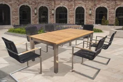 Garten-Essgruppe, silber/schwarz, Edelstahl/Teak, Ausziehtisch 200-300 x 100 cm, 6 Freischwinger, FSC®-zertifiziertes Produkt Garten-Essgruppen|Edelstahl-Gartenmöbel
