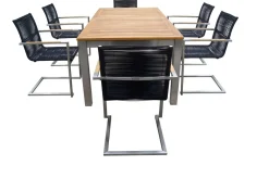 Garten-Essgruppe, silber/schwarz, Edelstahl/Teak, Ausziehtisch 200-300 x 100 cm, 6 Freischwinger, FSC®-zertifiziertes Produkt Garten-Essgruppen|Edelstahl-Gartenmöbel