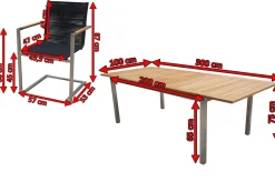Garten-Essgruppe, silber/schwarz, Edelstahl/Teak, Ausziehtisch 200-300 x 100 cm, 6 Freischwinger, FSC®-zertifiziertes Produkt Garten-Essgruppen|Edelstahl-Gartenmöbel