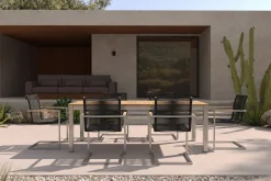 Garten-Essgruppe, silber/schwarz, Edelstahl/Teak, Ausziehtisch 200-300 x 100 cm, 6 Freischwinger, FSC®-zertifiziertes Produkt Garten-Essgruppen|Edelstahl-Gartenmöbel
