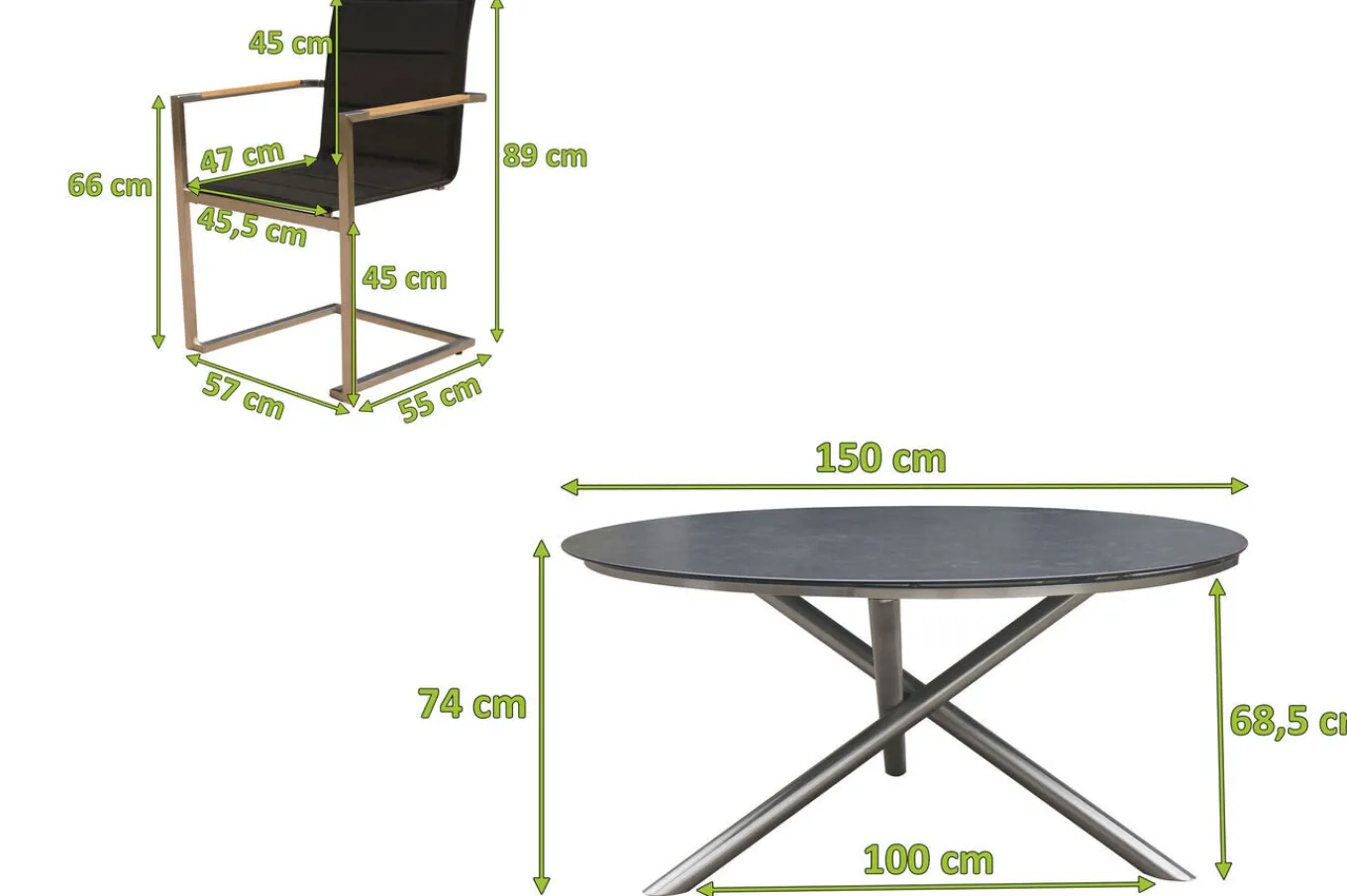 Garten-Essgruppe, silber/schwarz, Edelstahl/Glaskeramik/Textilene/Teak, Tisch Ø150cm, 5 Freischwinger, padded Garten-Essgruppen