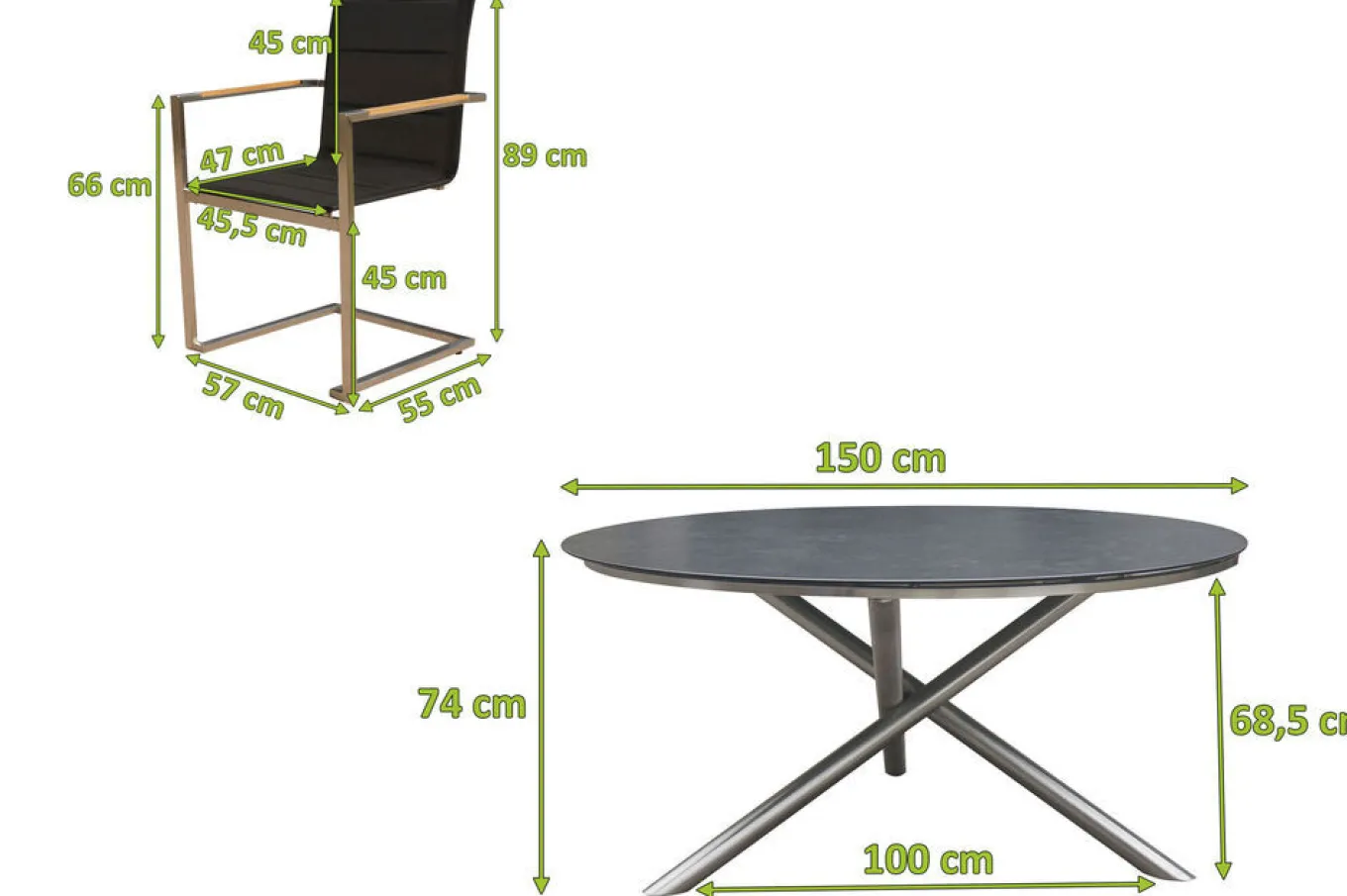 Garten-Essgruppe, silber/schwarz, Edelstahl/Glaskeramik/Textilene/Teak, Tisch Ø150cm, 5 Freischwinger, padded Garten-Essgruppen