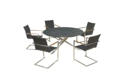 Garten-Essgruppe, silber/schwarz, Edelstahl/Glaskeramik/Textilene/Teak, Tisch Ø150cm, 5 Freischwinger, padded Garten-Essgruppen