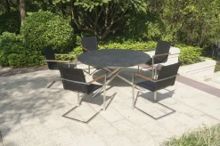 Garten-Essgruppe, silber/schwarz, Edelstahl/Glaskeramik/Textilene/Teak, Tisch Ø150cm, 5 Freischwinger, padded Garten-Essgruppen