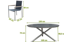 Hot Garten-Essgruppe, silber/schwarz, Edelstahl/Glaskeramik/Textilene/Teak, Tisch Ø150cm, 5 Sessel Garten-Essgruppen