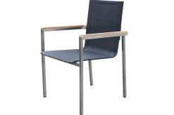 Hot Garten-Essgruppe, silber/schwarz, Edelstahl/Glaskeramik/Textilene/Teak, Tisch Ø150cm, 5 Sessel Garten-Essgruppen
