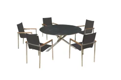 Hot Garten-Essgruppe, silber/schwarz, Edelstahl/Glaskeramik/Textilene/Teak, Tisch Ø150cm, 5 Sessel Garten-Essgruppen