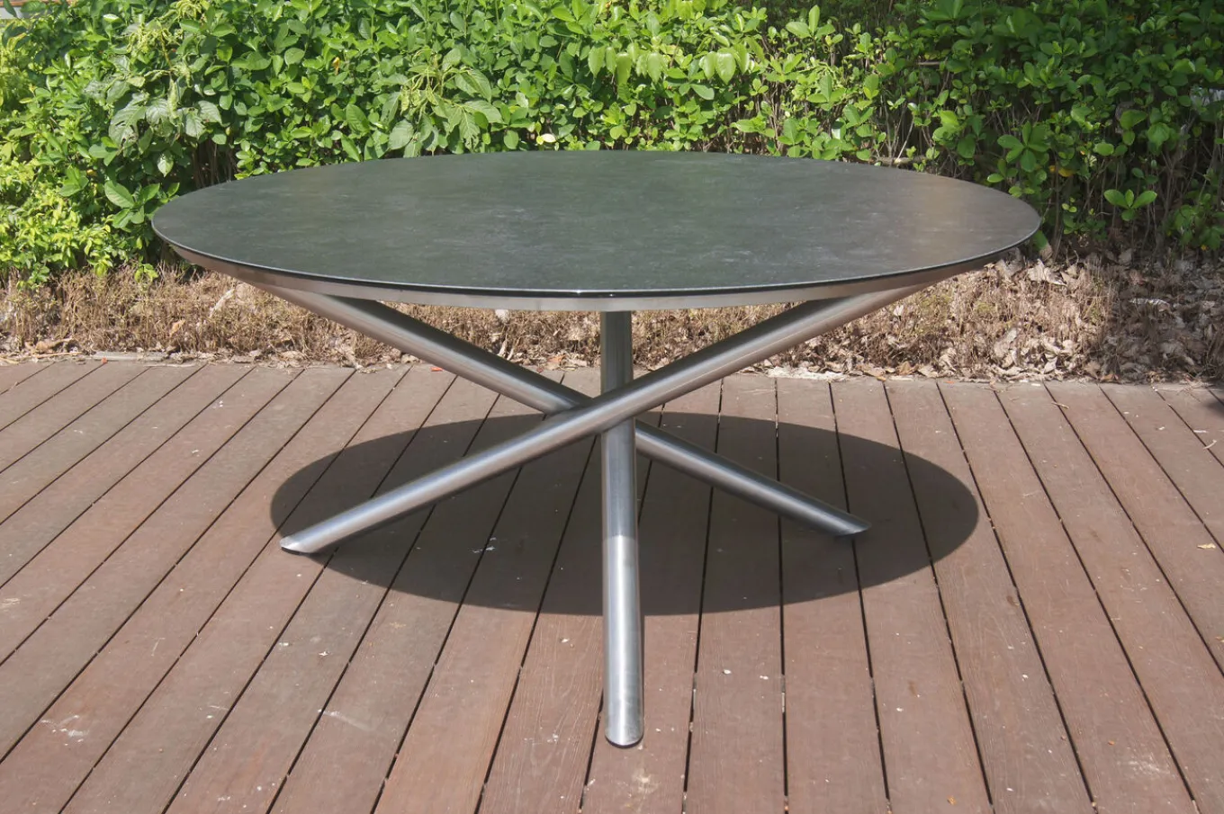 Online Garten-Essgruppe, silber/grau, Edelstahl/Glaskeramik/Textilene/Teak, Tisch Ø150cm, 5 Freischwinger, padded Garten-Essgruppen|Edelstahl-Gartenmöbel