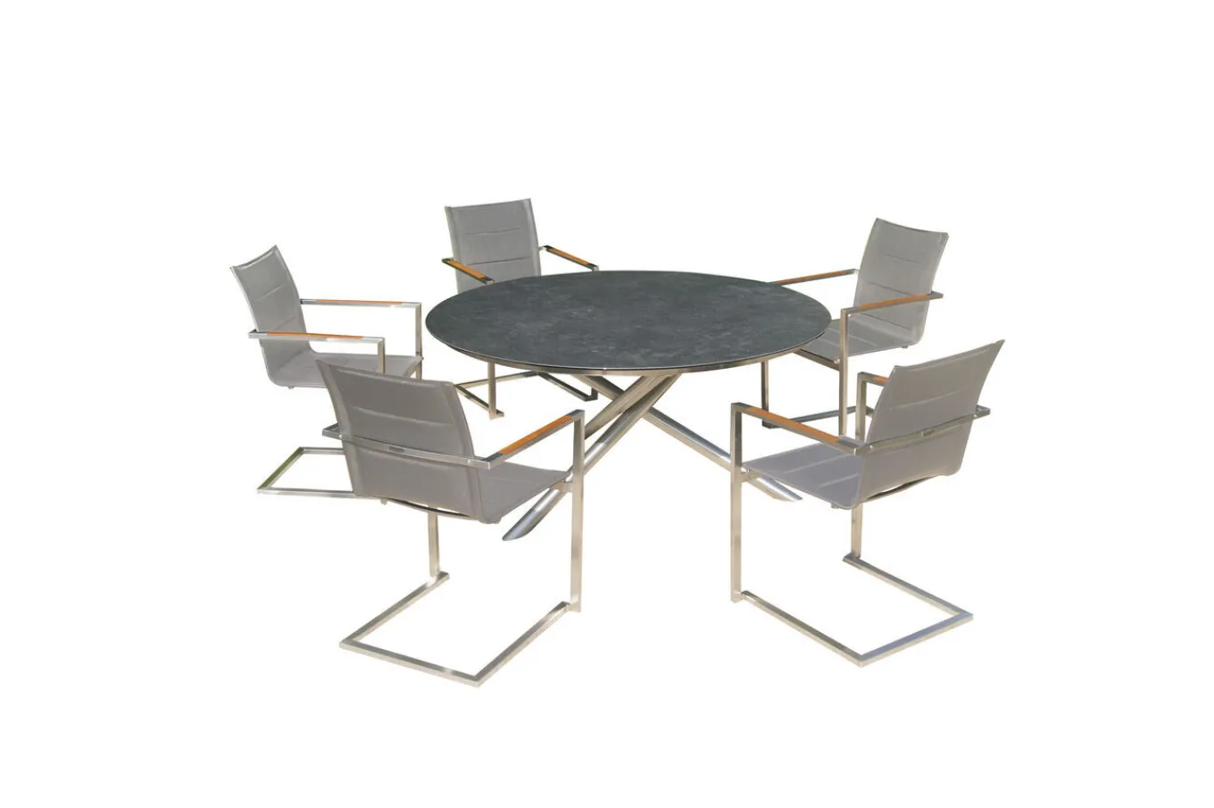 Online Garten-Essgruppe, silber/grau, Edelstahl/Glaskeramik/Textilene/Teak, Tisch Ø150cm, 5 Freischwinger, padded Garten-Essgruppen|Edelstahl-Gartenmöbel