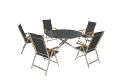 Sale Garten-Essgruppe, silber/schwarz, Edelstahl/Glaskeramik/Textilene/Teakholz, Tisch Ø150cm, 5 Klappstühle, verstellbar Garten-Essgruppen|Edelstahl-Gartenmöbel