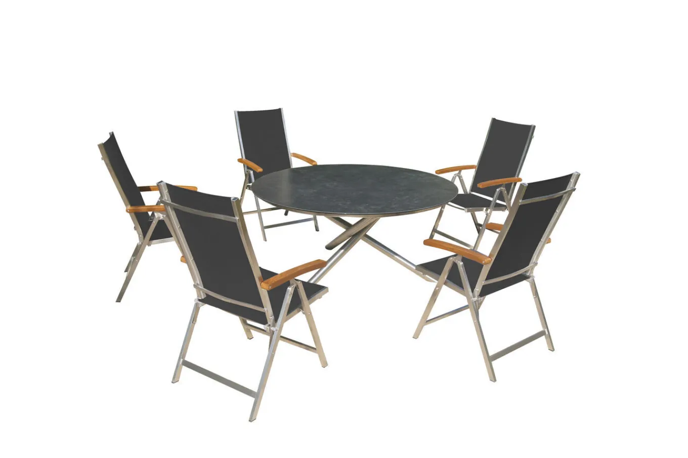 Sale Garten-Essgruppe, silber/schwarz, Edelstahl/Glaskeramik/Textilene/Teakholz, Tisch Ø150cm, 5 Klappstühle, verstellbar Garten-Essgruppen|Edelstahl-Gartenmöbel