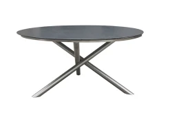 Sale Garten-Essgruppe, silber/schwarz, Edelstahl/Glaskeramik/Textilene/Teakholz, Tisch Ø150cm, 5 Klappstühle, verstellbar Garten-Essgruppen|Edelstahl-Gartenmöbel