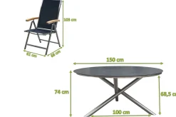 Sale Garten-Essgruppe, silber/schwarz, Edelstahl/Glaskeramik/Textilene/Teakholz, Tisch Ø150cm, 5 Klappstühle, verstellbar Garten-Essgruppen|Edelstahl-Gartenmöbel