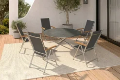 Sale Garten-Essgruppe, silber/schwarz, Edelstahl/Glaskeramik/Textilene/Teakholz, Tisch Ø150cm, 5 Klappstühle, verstellbar Garten-Essgruppen|Edelstahl-Gartenmöbel