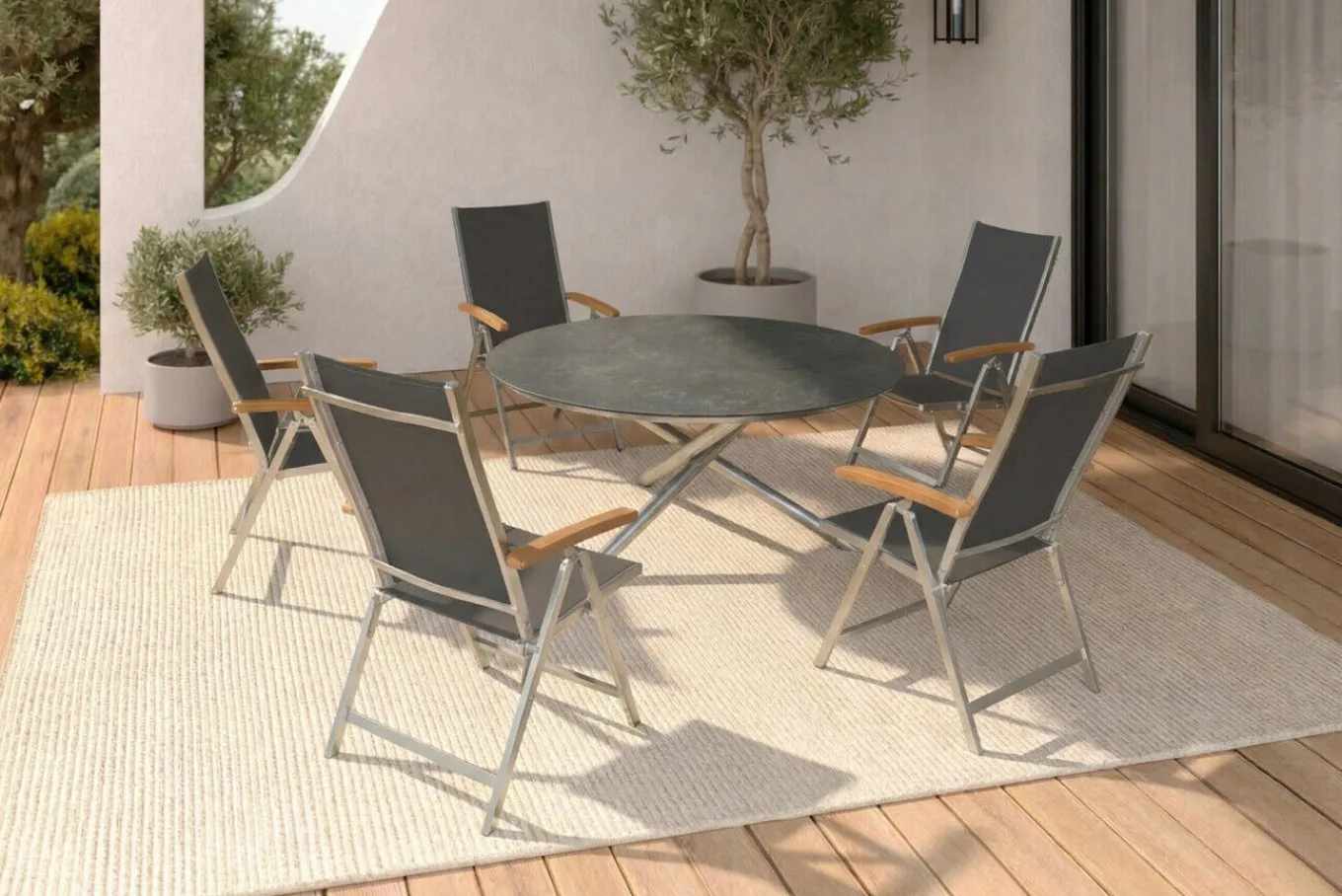 Sale Garten-Essgruppe, silber/schwarz, Edelstahl/Glaskeramik/Textilene/Teakholz, Tisch Ø150cm, 5 Klappstühle, verstellbar Garten-Essgruppen|Edelstahl-Gartenmöbel