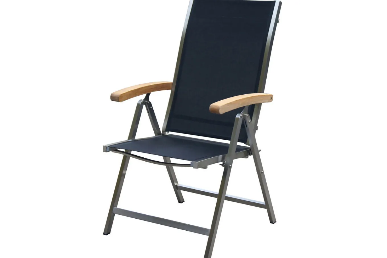 Sale Garten-Essgruppe, silber/schwarz, Edelstahl/Glaskeramik/Textilene/Teakholz, Tisch Ø150cm, 5 Klappstühle, verstellbar Garten-Essgruppen|Edelstahl-Gartenmöbel