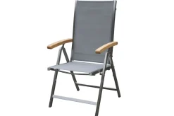 Online Garten-Essgruppe, silber/grau, Edelstahl/Glaskeramik/Textilene/Teakholz, Tisch Ø150cm, 5 Klappstühle, verstellbar Garten-Essgruppen