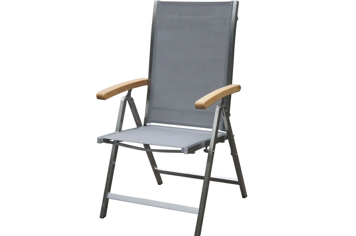 Online Garten-Essgruppe, silber/grau, Edelstahl/Glaskeramik/Textilene/Teakholz, Tisch Ø150cm, 5 Klappstühle, verstellbar Garten-Essgruppen