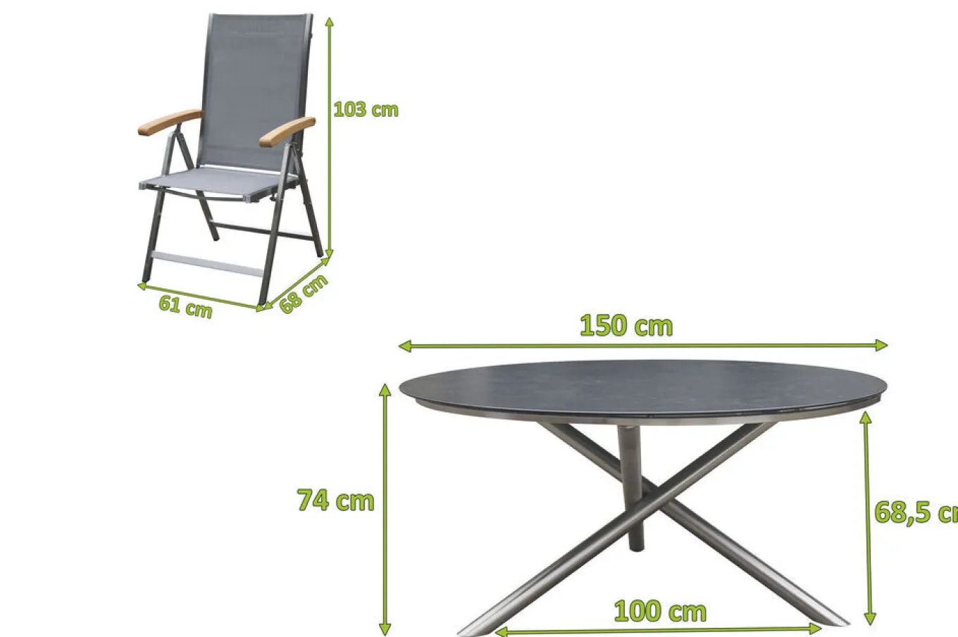 Online Garten-Essgruppe, silber/grau, Edelstahl/Glaskeramik/Textilene/Teakholz, Tisch Ø150cm, 5 Klappstühle, verstellbar Garten-Essgruppen