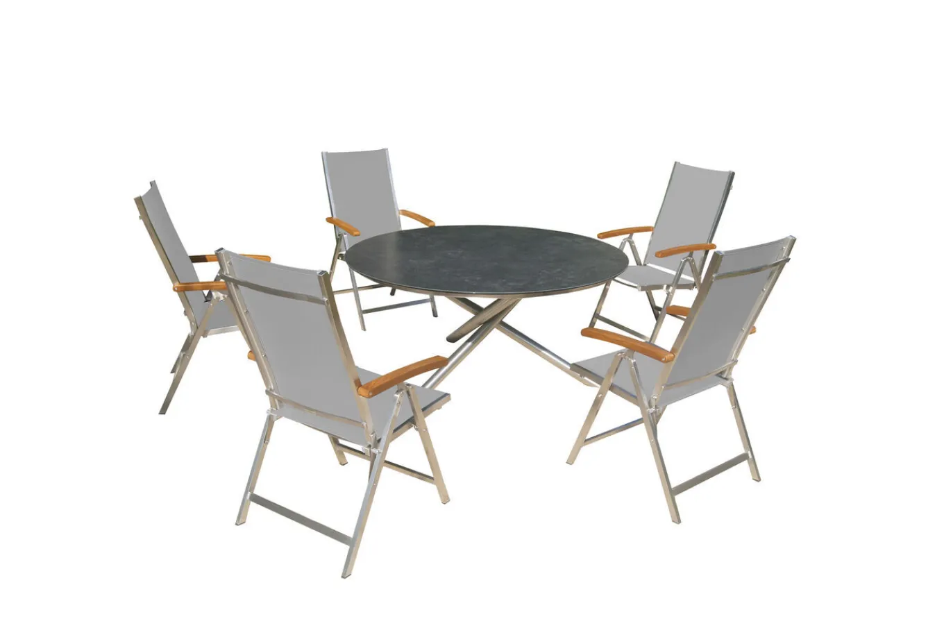 Online Garten-Essgruppe, silber/grau, Edelstahl/Glaskeramik/Textilene/Teakholz, Tisch Ø150cm, 5 Klappstühle, verstellbar Garten-Essgruppen