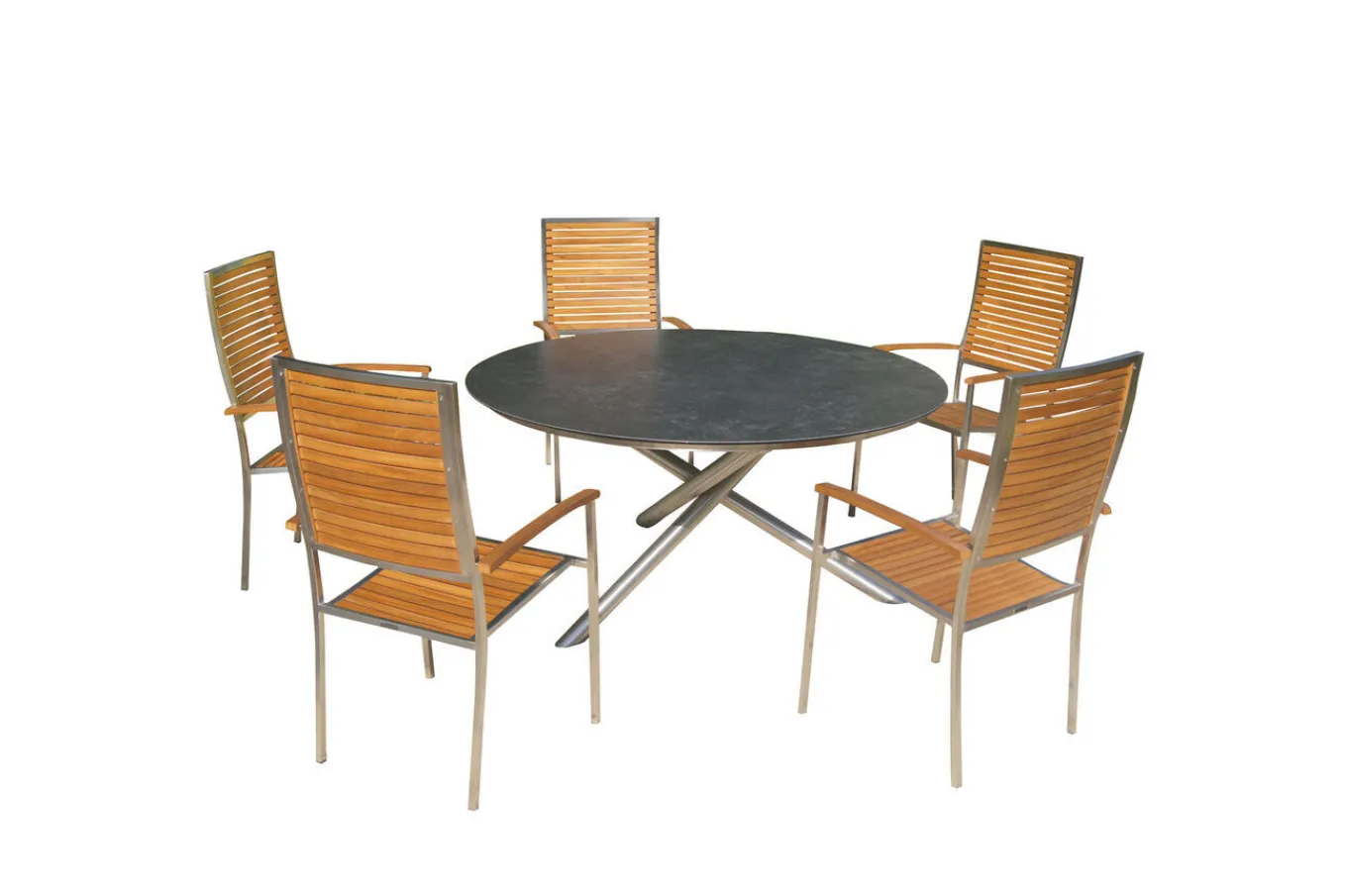 Outlet Garten-Essgruppe, silber/natur, Edelstahl/Glaskeramik/Teakholz, Tisch Ø150cm, 5 Stühle, FSC®-zertifiziertes Produkt Garten-Essgruppen