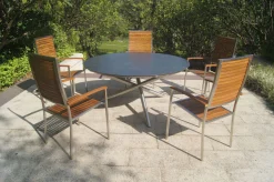 Outlet Garten-Essgruppe, silber/natur, Edelstahl/Glaskeramik/Teakholz, Tisch Ø150cm, 5 Stühle, FSC®-zertifiziertes Produkt Garten-Essgruppen