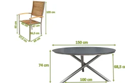 Outlet Garten-Essgruppe, silber/natur, Edelstahl/Glaskeramik/Teakholz, Tisch Ø150cm, 5 Stühle, FSC®-zertifiziertes Produkt Garten-Essgruppen