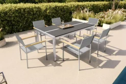 Sale Gartenessgruppe, Silber, Edelstahl/Glaskeramik, Tisch 200x100cm, 6 Stapelstühle, Bodenschoner Inklusive Garten-Essgruppen|Edelstahl-Gartenmöbel