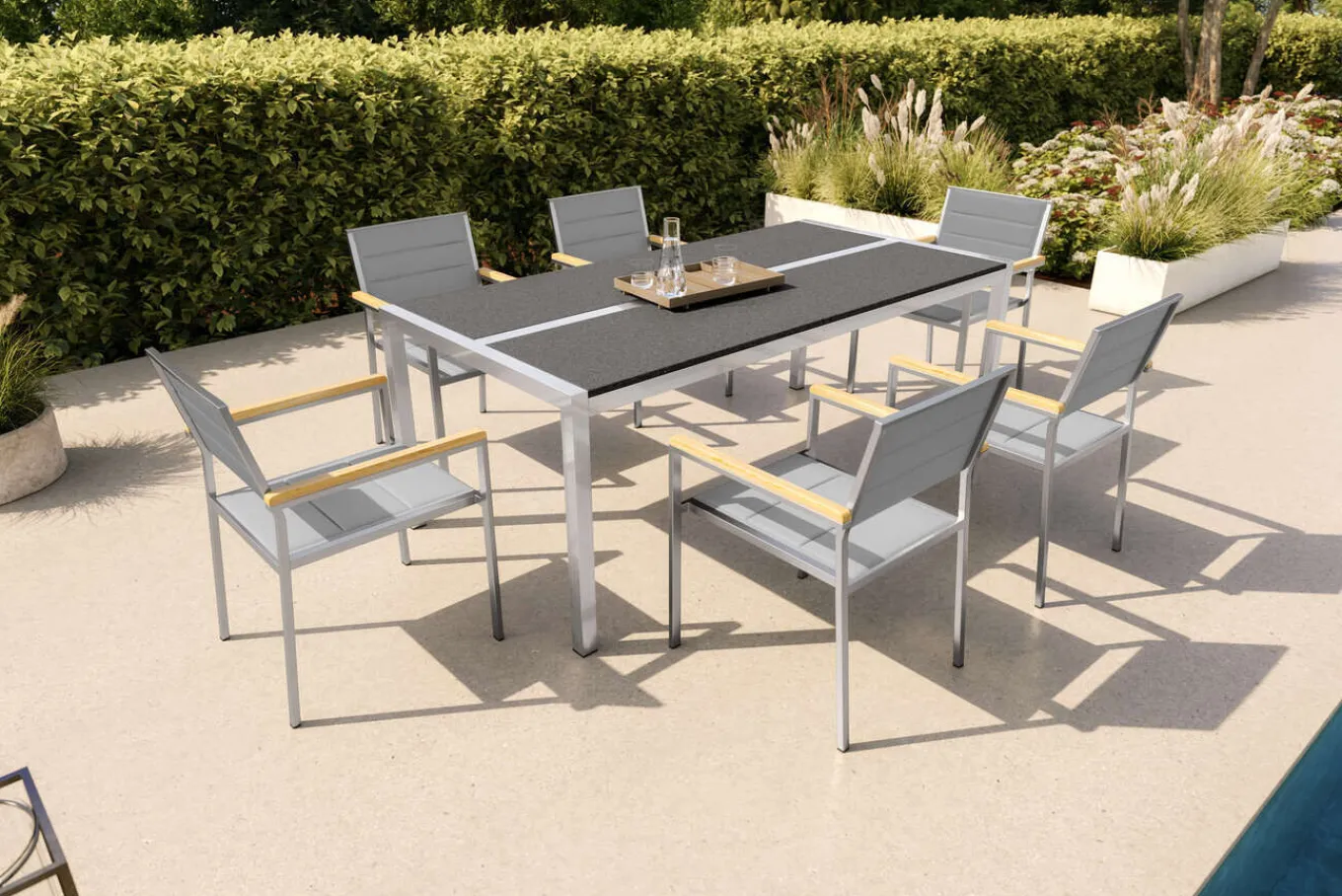 Sale Gartenessgruppe, Silber, Edelstahl/Glaskeramik, Tisch 200x100cm, 6 Stapelstühle, Bodenschoner Inklusive Garten-Essgruppen|Edelstahl-Gartenmöbel