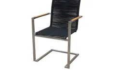 Hot Garten-Essgruppe, silber/schwarz, Edelstahl/Glaskeramik/Rope/Teak, Tisch Ø150cm, 5 Freischwinger Garten-Essgruppen|Edelstahl-Gartenmöbel