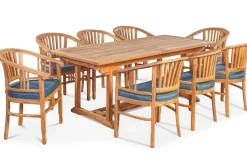 Hot Garten-Essgruppe, Teakholz, Ausziehtisch 195/295 x 90 cm, 8 Armlehnensessel, inkl. Polster Garten-Essgruppen|Teak-Gartenmöbel