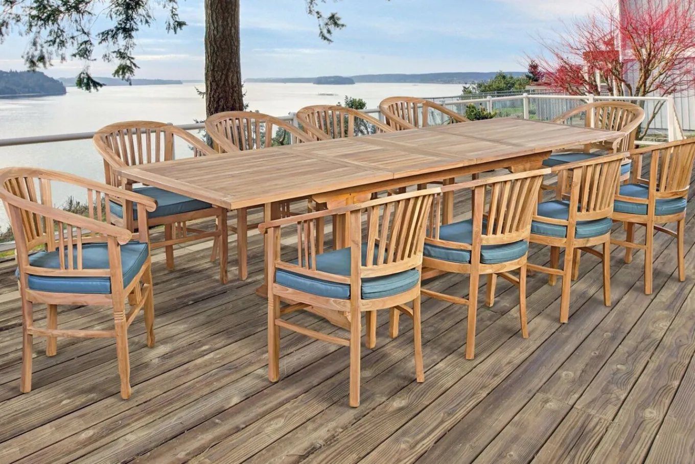 New Garten-Essgruppe, Teakholz, Ausziehtisch 195/295 x 90 cm, 10 Armlehnensessel, inkl. Polster Garten-Essgruppen|Teak-Gartenmöbel